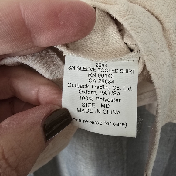 Outback Trading Company Light Peach Tooled Paisley Pearl Snap 3/4 Sleeve Top M - Picture 5 of 5